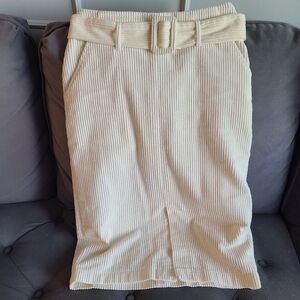 White corduroy midi skirt with belt